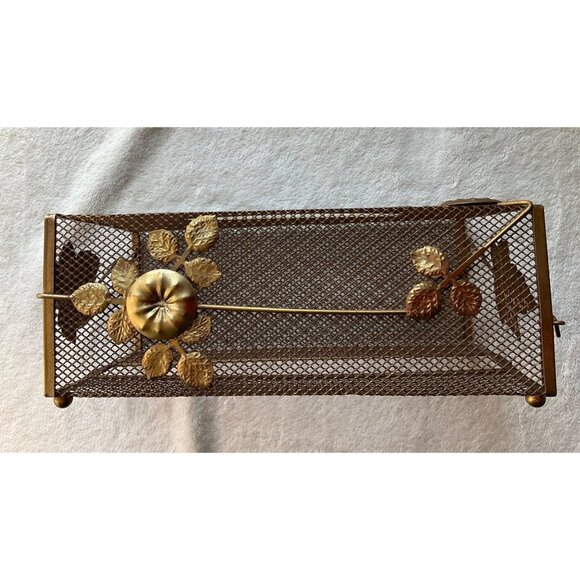 VTG MCM Tissue Box Cover Gold Tone Wire Mesh Hollywood Regency Leaves and Flower - Picture 3 of 12